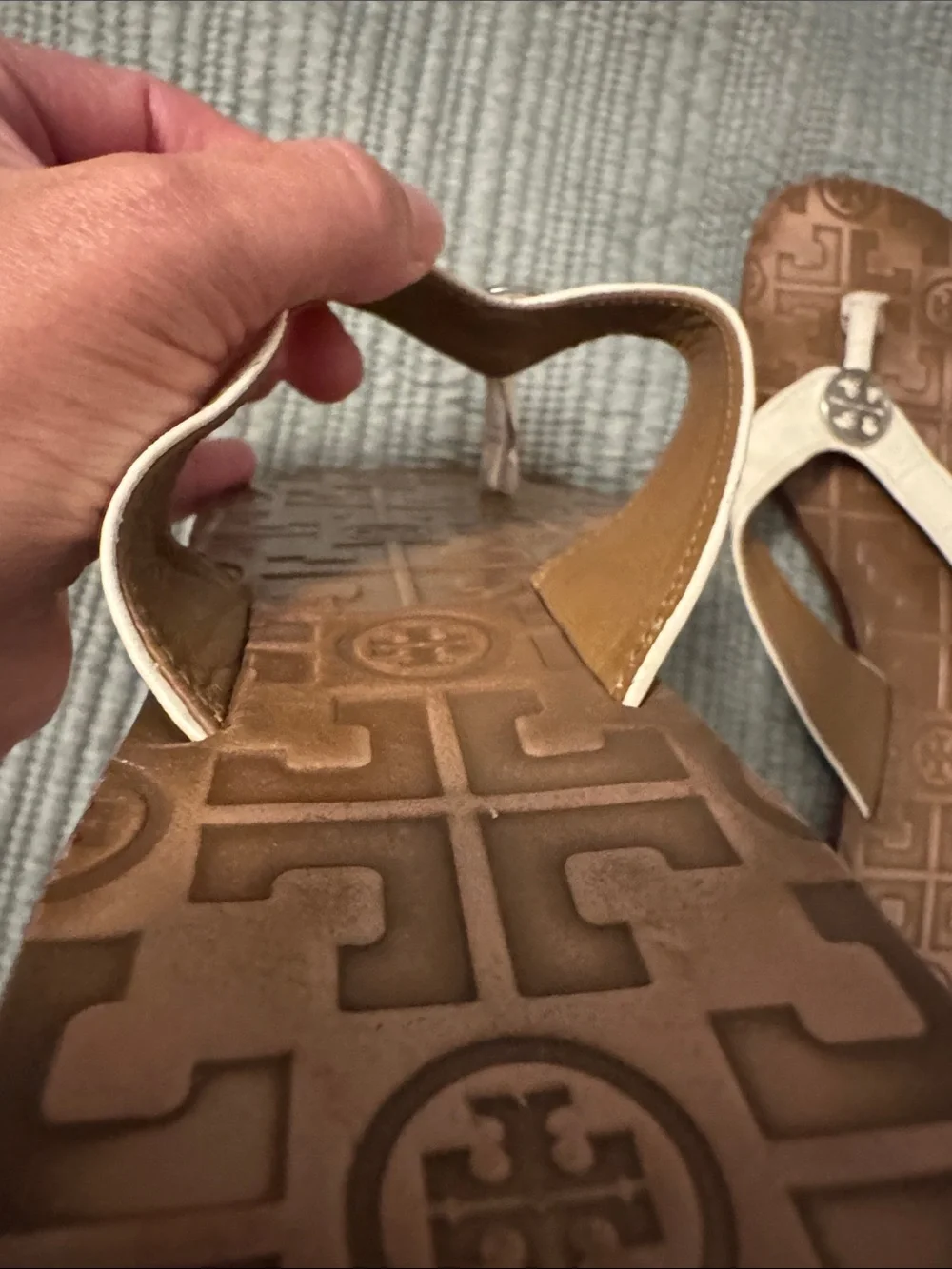 Tory Burch Light Cream Leather and Brown Logo-Embossed Thong Sandals